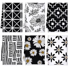 six different black and white wallpapers with daisies on them, all lined up in rows