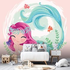 Adorn your child's bedroom wall with this made to measure Mermaid Joy wallpaper. Choose this adorable Mermaid Joy wallpaper to give your child’s bedroom a makeover! Keep the mermaid theme flowing swimmingly throughout the room by choosing an array of ocean-themed décor. Have a mermaid tail blanket, shell patterned curtains and mermaid duvet covers! You could even paint the remaining walls in aqua blue paint to make them feel like they are under the sea! Order today by telling us Little Mermaid Bedroom, Sea Bedrooms, Joy Wallpaper, Mermaid Wallpaper, Patterned Curtains, Mermaid Bedroom, Mermaid Wallpapers, Mermaid Tail Blanket, Wallpaper Roller