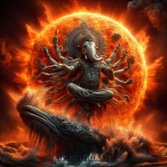 an image of the god sitting on top of a fish in front of a sun