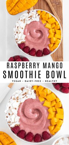 raspberry mango smoothie bowl with whipped cream and fresh fruit