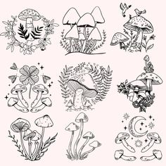 the different types of mushrooms are drawn in black and white on a light pink background