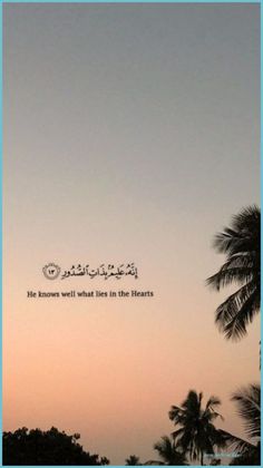 the sky is filled with palm trees and an arabic quote on it's side