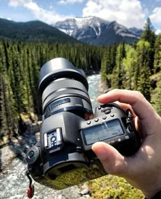 a person holding up a camera in front of a river and trees with mountains in the background