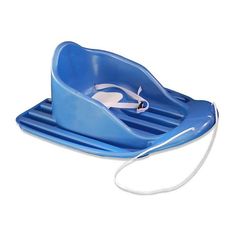 a blue baby bath tub sitting on top of a white floor next to a cord