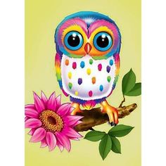 a colorful owl sitting on top of a tree branch next to a pink flower