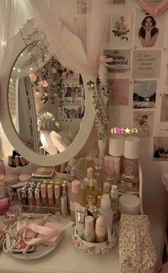 there is a vanity with many items on it