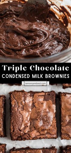 triple chocolate brownies in a glass dish with white frosting on the top and bottom