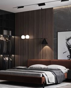 a modern bedroom with dark wood paneling and white bedding, artwork on the wall