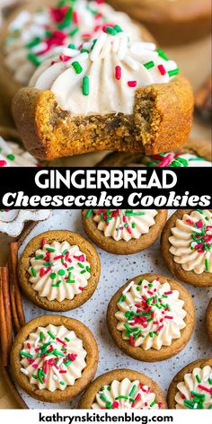 gingerbread cheesecake cookies with white frosting and sprinkles on top