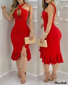 Olivia Mark - Vestido con corte halter y abertura con volantes Sleeveless Tank Top, Sleeveless Tank, Ruffle Hem, Red Dress, Sleeve Styles, Fashion Clothes Women, Ruffles, Dresser