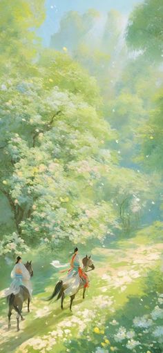 two people riding horses through a lush green forest filled with trees and white wildflowers