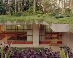 a house with a green roof in the middle of trees and grass on top of it