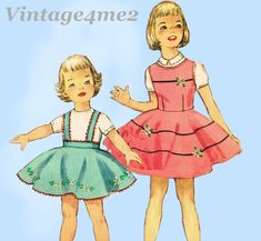 two children's dresses are shown with the words vintagemee written below them