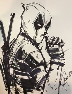 a black and white drawing of a deadpool holding two baseball bat's in his hands