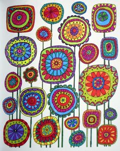 an art work with colorful flowers and circles on white paper, in the style of doodling