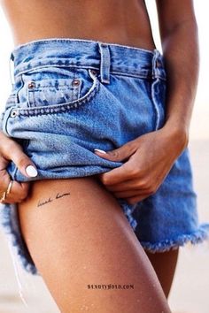 Small inspirational tattoos Leg Tattoo Placements, Tattoo Bein Frau, Small Thigh Tattoos, Unique Small Tattoo, Phrase Tattoos, Hidden Tattoos, Thigh Tattoos Women, Little Tattoos, Trendy Tattoos