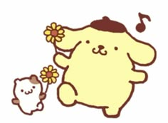 a cartoon bear holding a flower next to a small cat with music notes on it