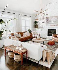 a living room filled with furniture and a fire place in the middle of a room