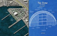 an aerial view of the dock and its surrounding area, with blueprinted plans