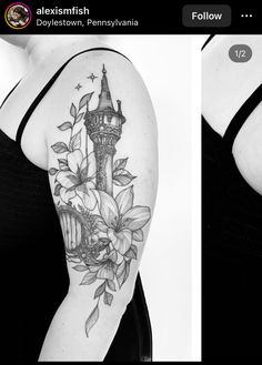 a woman's arm with flowers and a castle tattoo on it