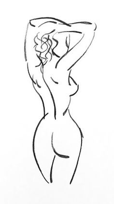 a black and white drawing of a woman's back with her hands behind her head