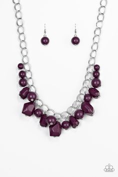 Silver Link Necklace, Chunky Bead Necklaces, Purple Beaded, Purple Beads, Purple Necklace, Fringe Necklace, Chunky Beads