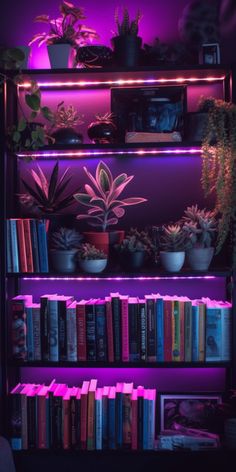 a book shelf filled with lots of books and potted plants in front of a purple light