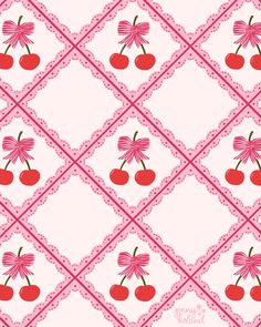 an image of cherries on pink and white quilted fabric with red trims