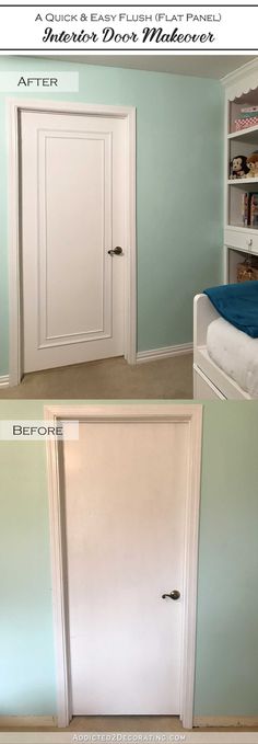 the before and after shots of a bedroom door makeover with paint, wood flooring and shelving