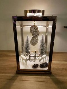 a glass case with snow and pine cones in it