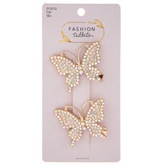 Let natural beauty take over your hair when you accessorize with these Rhinestone Butterfly Hair Clips! These metal alligator-style clips have a shiny gold finish and butterfly-shaped tops. The butterflies are angled diagonally and are covered in lots of iridescent rhinestones. Nobody will be able to look away from these dazzling butterflies! Dimensions: 	 Length: 2" 	 Width: 2" 	 Thickness: 1/2" Card contains 2 hair clips. Hobby Lobby, Wearable Art Fashion, Butterfly Hair Clips, Alligator Hair Clip, Butterfly Hair Clip, Home Supplies, Butterfly Decorations, Butterfly Hair, Elegant Christmas