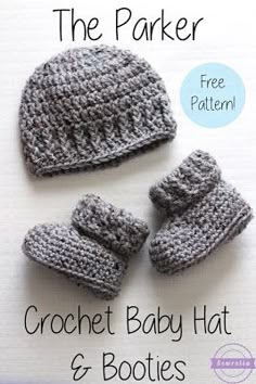 two crochet baby hats and booties are on the cover of this book