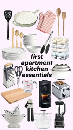 the words first apartment kitchen essentials are in front of an image of dishes and utensils