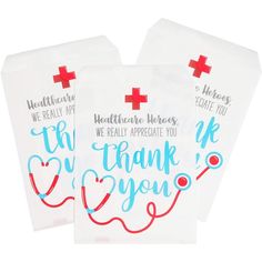 three thank you bags with red and blue lettering on the front one has a nurse's stethoscope