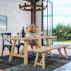 a dining room table with two benches in front of it and an open window to the outside