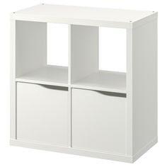 a white bookcase with two cubbys on the bottom and one door open