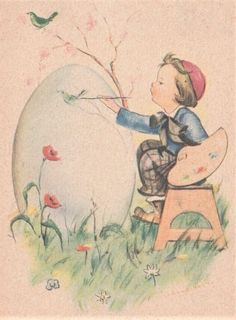 a drawing of a child painting an easter egg