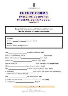 #english #englishgrammar #futureforms  #futureformsworksheet #futureformspresentcontinuous #presentcontinuous  #esl #eslworksheet  #engblocks #eslwebsite Teach English To Kids, Teach English, Grammar Worksheets, Esl Worksheets, English Grammar