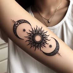 Wiccan Tattoos, Sun And Moon Tattoo, Mystical Tattoos, Gorgeous Tattoos, Cute Tattoos For Women, Sleeve Tattoos For Women, Elegant Tattoos, Feminine Tattoos