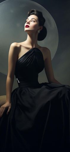 a woman in a black dress sitting on a couch with her eyes closed and hands behind her head