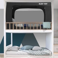 there is a bunk bed with a tv on the top and bottom shelf above it