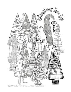 an adult coloring page with christmas trees