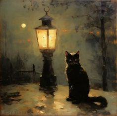 a painting of a black cat sitting in front of a lamp post