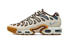 The Nike Air Max Plus Drift "Phantom/Cacao Wow" is a lifestyle shoe based on the classic Nike Air Max Plus model.  The Air Max Plus Drift was introduced in 2024 and is an evolution of the Air Max Plus, as the shoe has the same wavy overlay panels, but with a substantially bolder look.  A combination of Phantom, Light Armory Blue, Cacao Wow, Sail, and Gum Yellow hues appear throughout the design, with a gradient effect for the colors of the mesh base.  Underfoot, the sole unit is mostly identical Nike Tn, Plus Model, Shoes Sneakers Nike, On Clouds, Air Max Plus, Nike Air Max Plus, Stadium Goods, Fashion Fits, Me Too Shoes