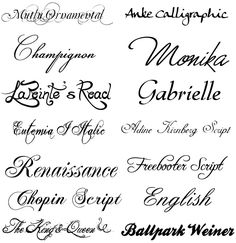 some type of calligraphy that is in different styles and font types, including the names