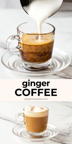 coffee being poured into a glass cup with the words ginger coffee on top and below