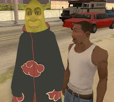 a man standing next to a cartoon character