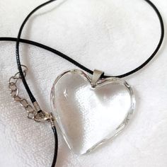 Large Glass Heart Transparent Clear White Color Leather Necklace Pendant Choker Necklace Length Length 17 Inch Adjustable Clear Glass Heart Pendant Necklace, Clear Heart Charm Necklace, Clear Glass Heart-shaped Jewelry, Valentine's Day Clear Glass Jewelry, White Heart-shaped Resin Jewelry, Clear Heart Necklace, Leather Necklace Pendant, Heart Transparent, Glass Heart Necklace