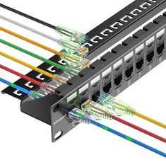 the cat5e patch panel is connected to several different colored wires and connectors