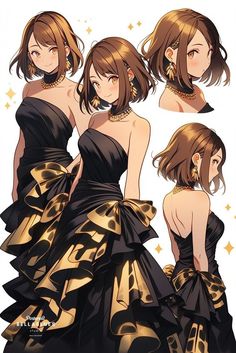 two women in black and gold dresses